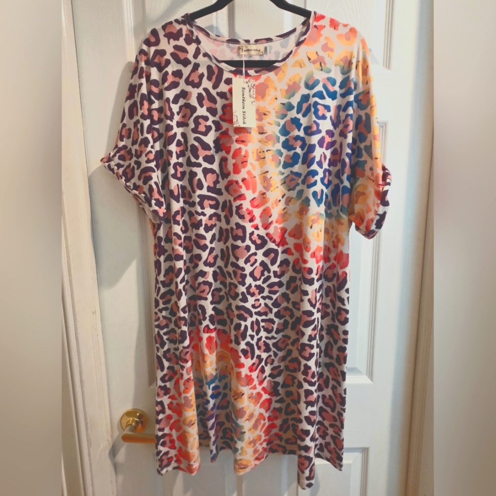 Southern Stitch Colorful Leopard Print Dress W Pockets 2XL